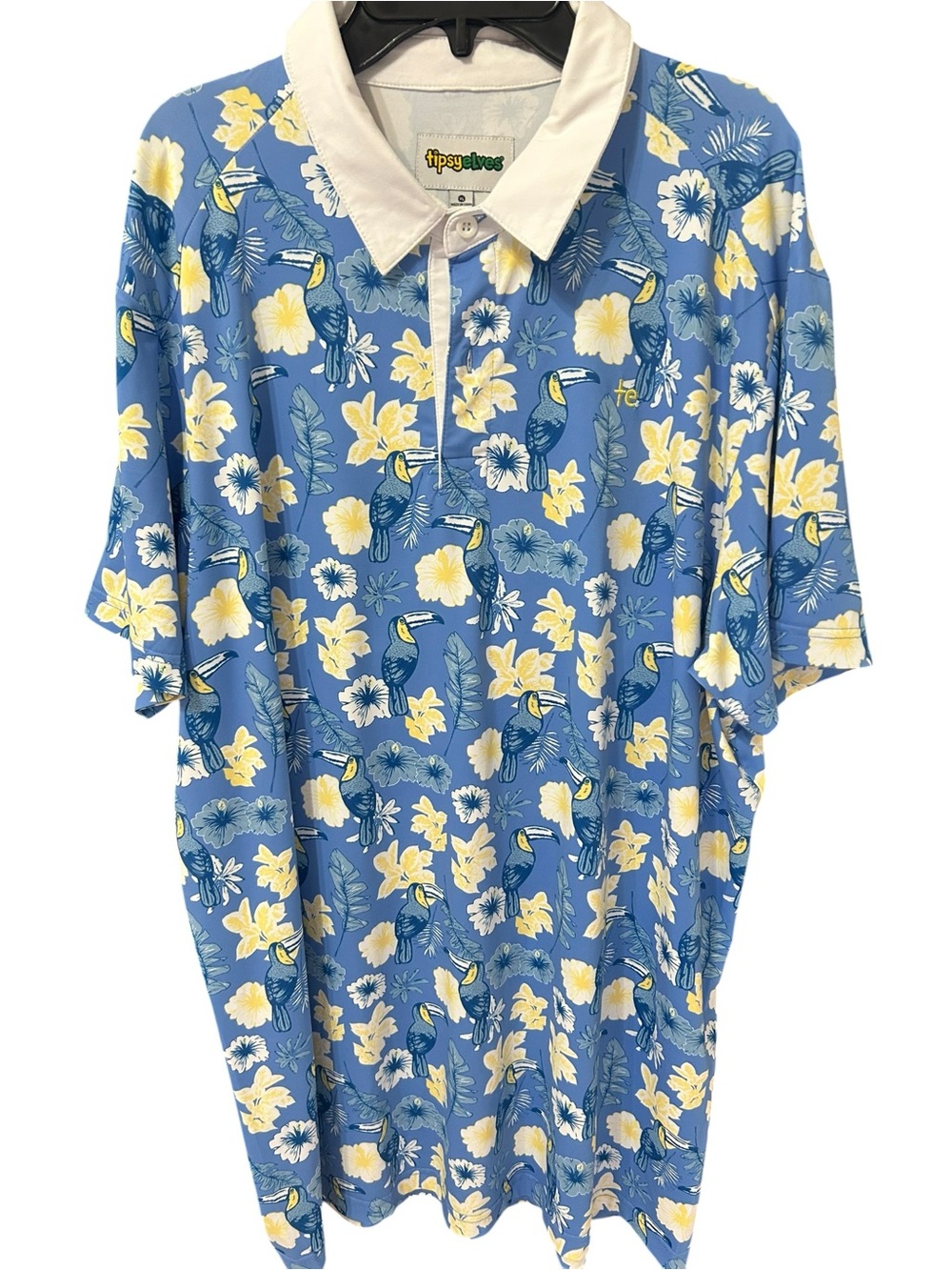 Tipsy Elves Blue, White, Yellow Floral Toucan Polo NEVER WORN